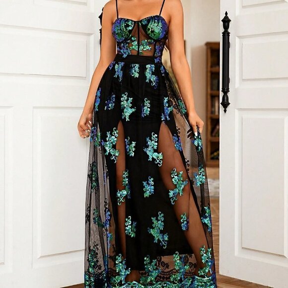Green Preppy Womens Floral Sequin Mesh Overlay Cami Party Dress - Picture 1 of 5